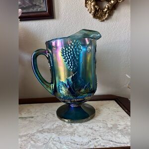 Vintage Indiana Carnival Glass Blue Iridescent Harvest Grapes Pitcher